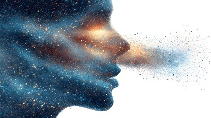 Fototapeta premium Cosmic Consciousness Human Head Silhouette Dissolving into Nebula.