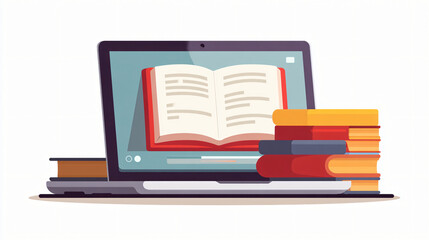 Fototapeta premium Laptop with open e-book on screen surrounded by stacked books