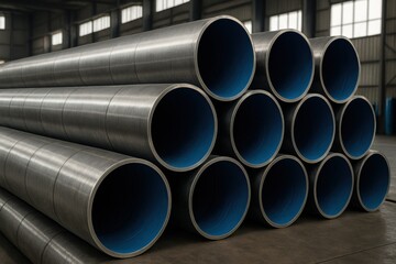 Stacked Industrial Metal Pipes with Blue Interior in Warehouse