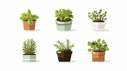 Fototapeta premium Six Different Potted Herbs and Houseplants in Various Containers
