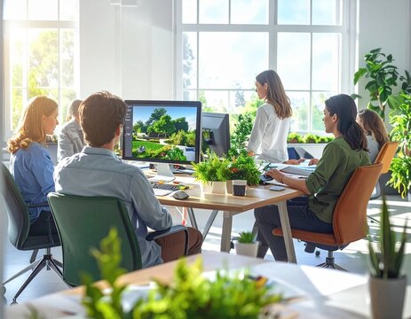 Creative Team Collaborating on Green Project in Modern Office.