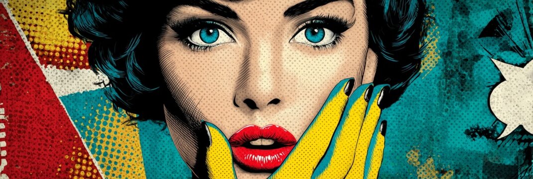 Pop Art Woman  with striking blue eyeshadow and red lips covers her mouth, set against a vibrant comic backdrop. The image radiates retro drama and playful mystery.