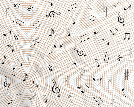 Music notes and musical symbols including treble clef, bass clef, sharp and flat signs floating over abstract wave grid background. Musical notation elements scattered in dynamic composition.