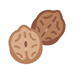 Two stylized walnuts in brown tones on a black background, digital illustration