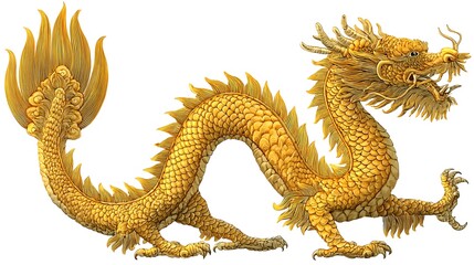 Golden Chinese Dragon Illustration with Fiery Mane and Tail.