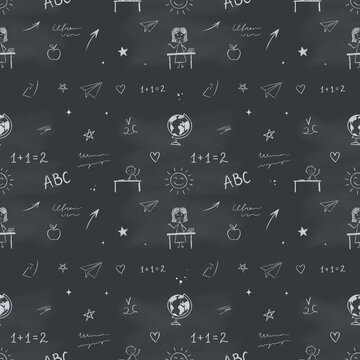 Luxury Monochrome Back to School Seamless Pattern Elegant Hand-Drawn Naive Chalk Doodles on Dark Slate