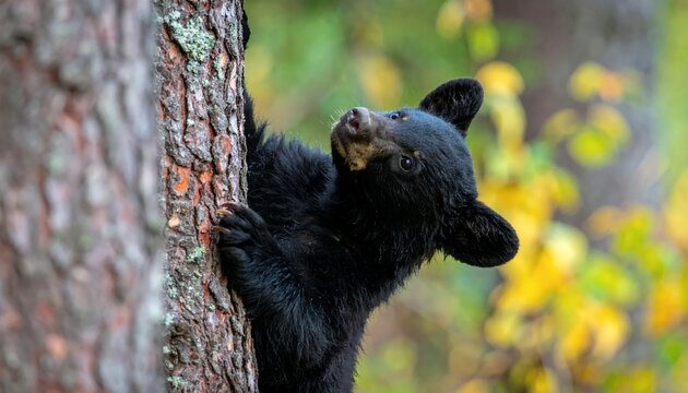 Curious black bear cub peeking from behind a tree in autumn forest.