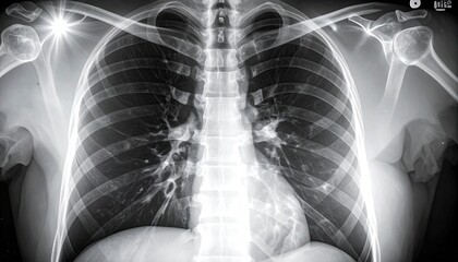 An X-ray image of the human chest, revealing ribs, lungs, spine, and surrounding anatomy