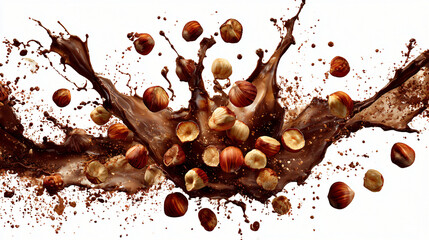Fototapeta premium Hazelnuts splashing in melted chocolate on white background