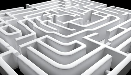 Angled view of a white 3D rendered maze against a black background