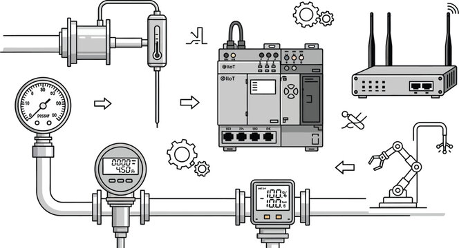 An industrial process diagram illustrates sensors, a programmable logic controller, and a wireless router connected to pipes for process monitoring and automation.