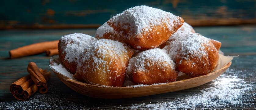 Evocative golden beignets dusted with powdered sugar, nestled in a rustic wooden bowl, accompanied by aromatic cinnamon sticks, symbolizing warmth and comfort.