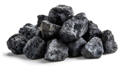 Obraz premium Pile of Black Coal Chunks on White Background.