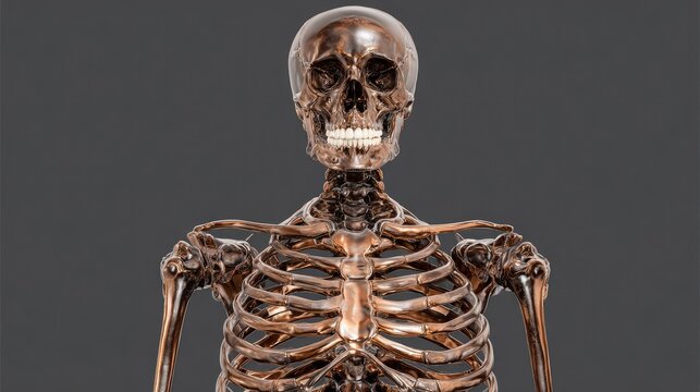 Metallic representation of human upper torso skeletal structure features a dark brown sheen against a muted background.