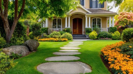 Obraz premium Lush residential property features a meticulously maintained front yard with vibrant landscaping and a curving stone pathway leading to the entrance.