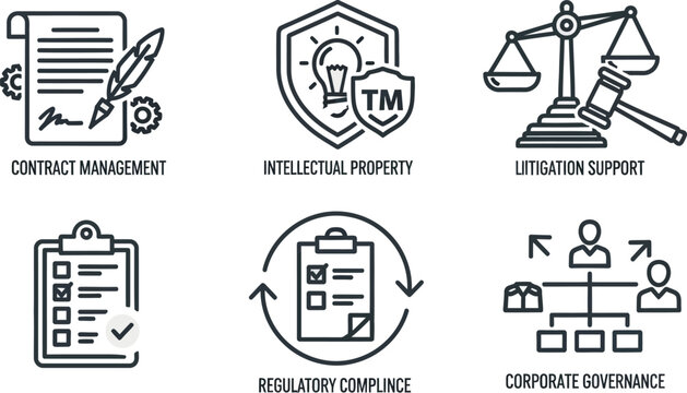 Legal documentation featuring a feather quill pen signing a contract alongside icons representing intellectual property and litigation support scales.