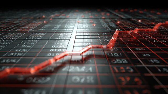 Glowing red fluctuating line graph displays information across a dark digital data table