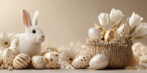 Obraz premium Elegant white bunny beside wicker basket overflowing with golden eggs and tulips, evoking luxurious Easter celebration on beige backdrop