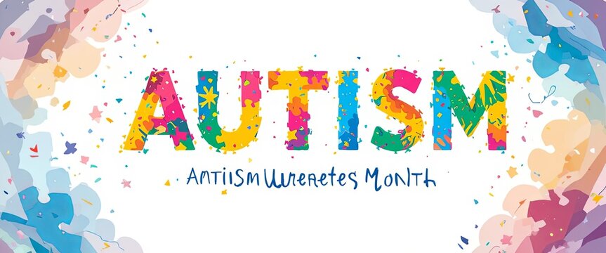 A vibrant and colorful typography vector banner for Autism Awareness Month, featuring the word "AUTISM" filled with bright multi-colored paint splatters, complemented by soft watercolor blots and pain