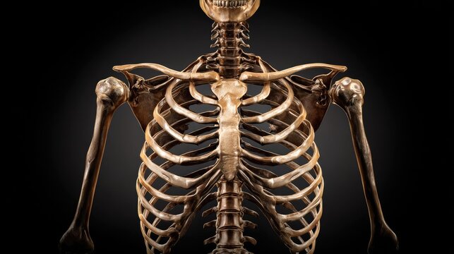 Detailed depiction of the upper human torso skeletal structure rendered with a metallic finish against a dark background
