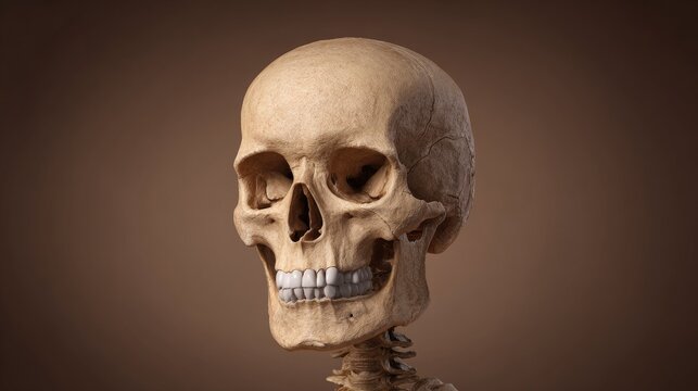 Realistic rendering of a human cranium and upper spine portion occupies the right side against a muted background.