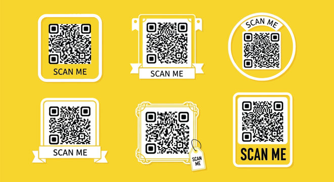 Six different square QR codes, each featuring the call to action text 'Scan Me,' are arranged on a solid, bright yellow background.