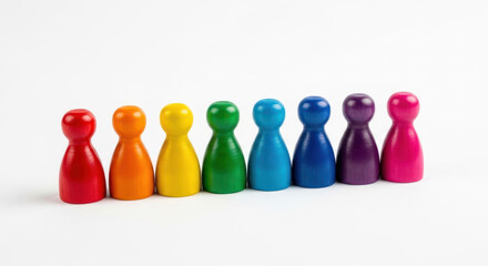 Colorful plastic game pieces arranged in a row on a white background.