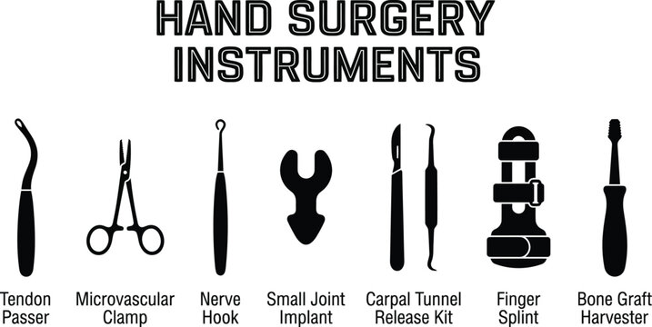 Silhouettes of specialized hand surgery instruments, including a tendon passer and microvascular clamp, are arranged in a row.