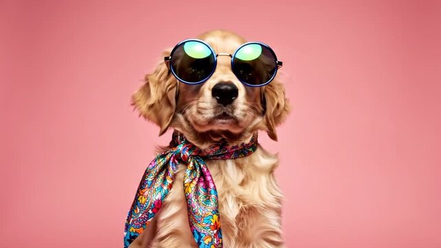 Fashionable dog wearing sunglasses scarf.
