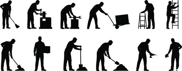 Collection of black silhouettes featuring industrial workers and laborers using tools shovels ladders and carts for construction and warehouse maintenance projects isolated on white © Hey there