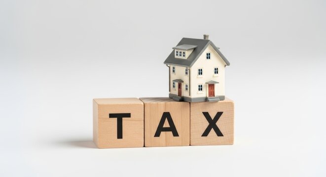 Model house standing on wooden cubes with tax word inscription. Concept of property tax calculation and real estate financial planning. Economic burden and mortgage payment expense assessment.