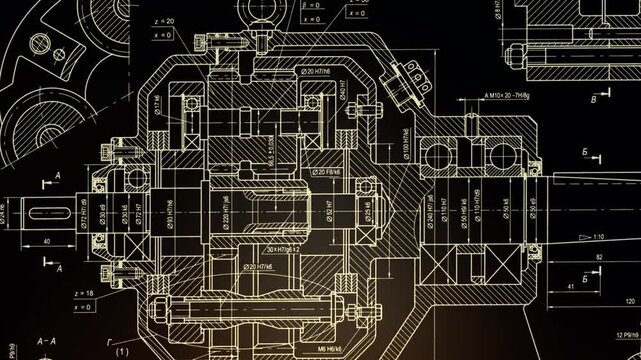 Video animation with assembly drawing of reducer, motor, gearbox, engine, worm gear. Animated motion effect. Engineering technical design of mechanical part of construction machine. Scheme set.
