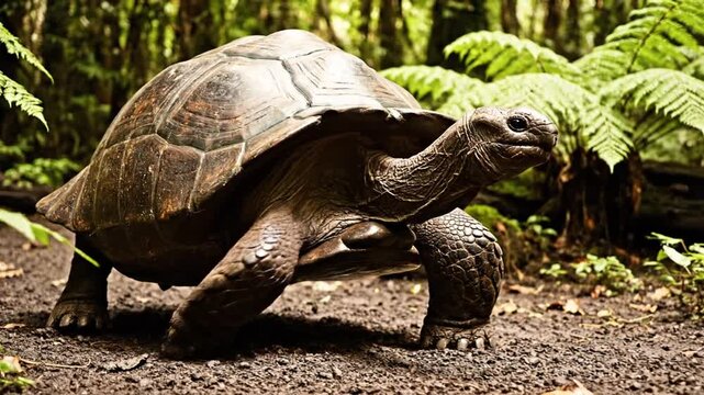 Giant tortoise walking on dirt path in lush green forest
