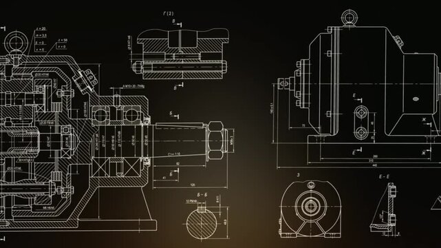 Video animation with assembly drawing of reducer, motor, gearbox, engine, worm gear. Animated motion effect. Engineering technical design of mechanical part of construction machine. Scheme set.