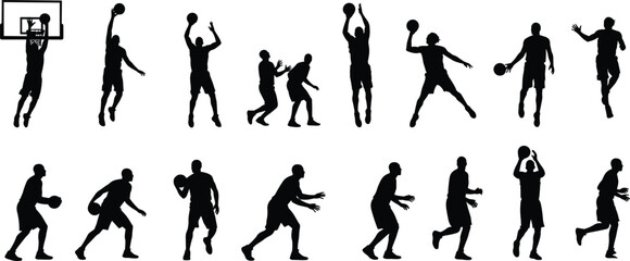 Large collection of black silhouettes featuring professional basketball players jumping dunking shooting and dribbling isolated on white background for sports and fitness design projects © Hey there