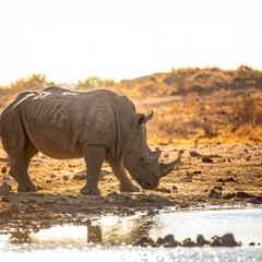Fototapeta premium White Rhinoceros Drinking Water at Sunset in African Savanna.