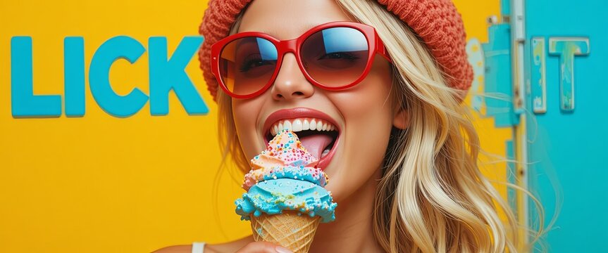 Trendy young woman enjoying colorful ice cream in a vibrant pop art style scene. Bright summer vibes, playful mood, and bold fashion create a fun, modern lifestyle concept perfect for advertising and 