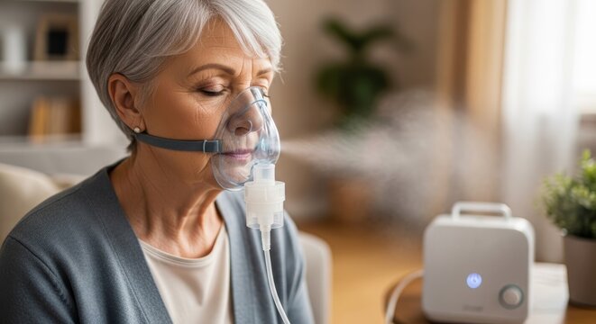 Senior woman using nebulizer mask for breathing treatment at home. Elderly patient inhaling asthma medication with vaporizer device for respiratory health and illness recovery therapy.