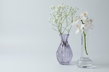 Fototapeta na wymiar Beautiful flowers in glass vases on white background, closeup. Space for text