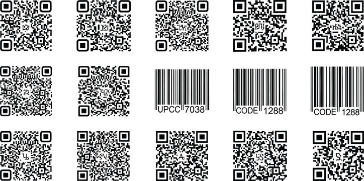 A collection of various black and white QR codes and standard UPC barcodes are displayed against a white background.