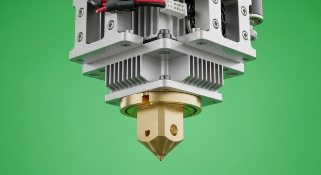 A close-up of a 3D printer hotend with nozzle on green.