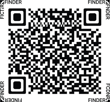 A single, large black and white QR code features the word FINDER repeated around the alignment markers on a plain white backdrop.