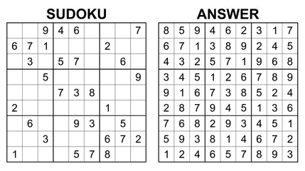 Vector sudoku with answer 51. Educational game with numbers for kids and leisure for adult on white background.	