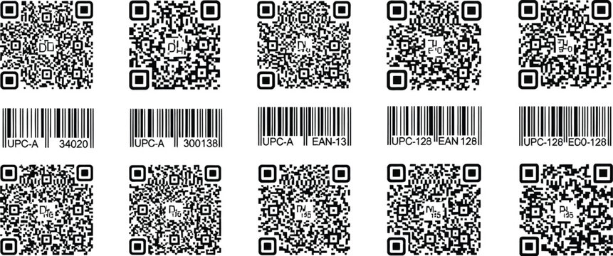 Numerous square QR code symbols are arranged across the frame, representing two dimensional matrix data encoding for digital information transfer.