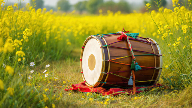 Traditional Punjabi dhol drum placed in blooming mustard field during Baisakhi harvest festival, vibrant rural landscape symbolizing Punjabi music, culture joyful spring celebration in agricultural