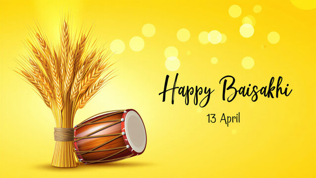 Baisakhi celebration with wheat stalks and dhol on a yellow background, festival greeting card design, traditional Punjabi harvest festival, joyful celebration with drum, Indian cultural event