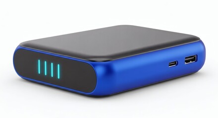 Rectangular charging device with blue casing and black top, featuring USB ports and cyan light indicators.