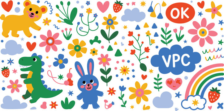 Whimsical Cartoon Characters and Nature Elements with Clouds and Rainbow animal baby