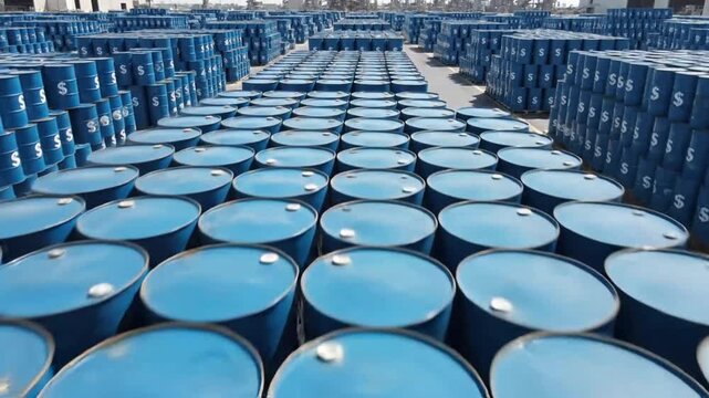 Blue barrels with dollar signs stacked in a large outdoor storage yard