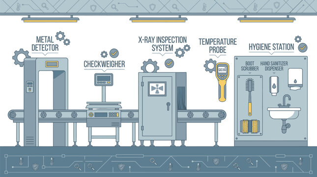 A diagram illustrates various security and hygiene checkpoints required for entry into a controlled environment like a factory or airport.